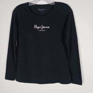 PEPE JEANS London Shirt Women's Medium Long Sleeve Round Neck Tee Black